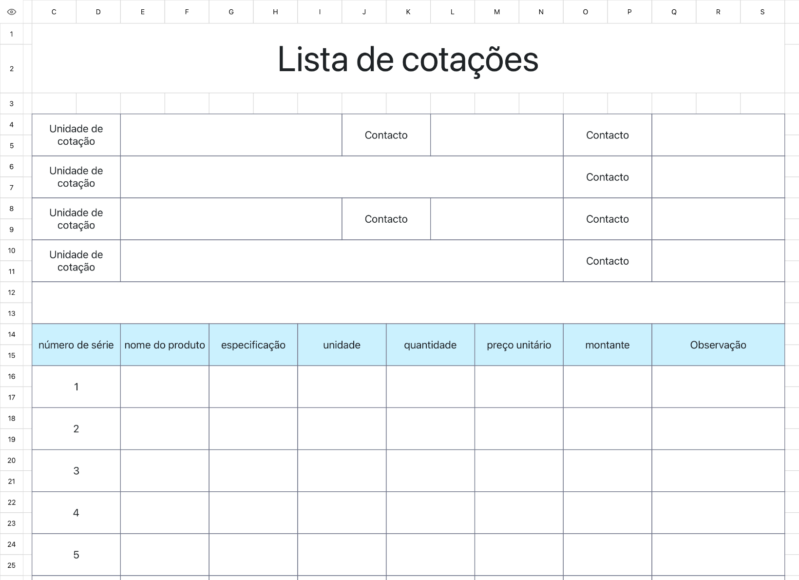 Tabela de cotações 1